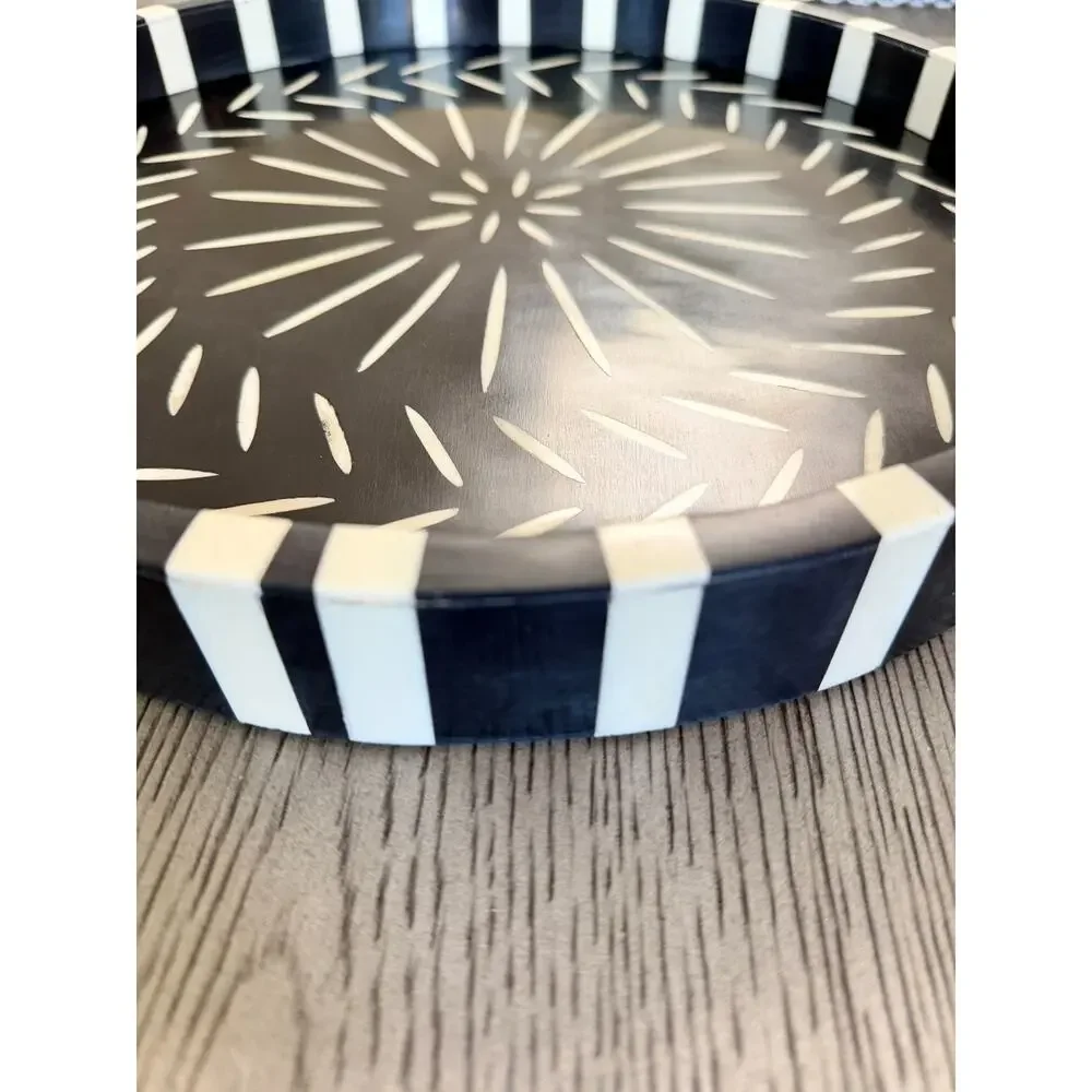 Crate & Barrel Osk Round Bone Inlay Bar Tray Black White Sunburst 14.5” India